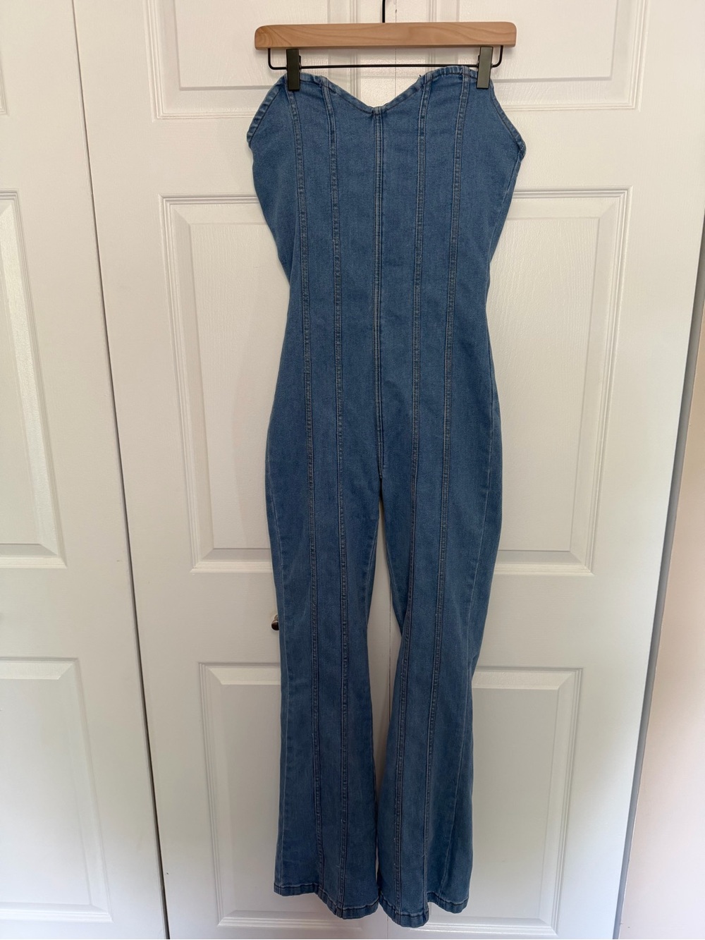 Love 83 Corset Stretch Strapless Wide Leg Jumpsuit Womens Size Medium Denim